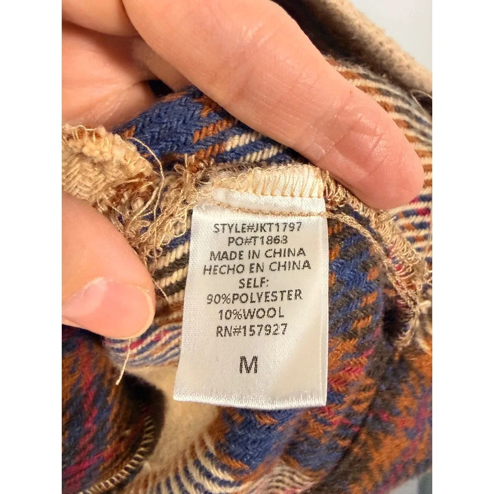 La Miel Plaid Wool Blend Shacket Womens Medium Tan Blue‎ Distressed JKT1797